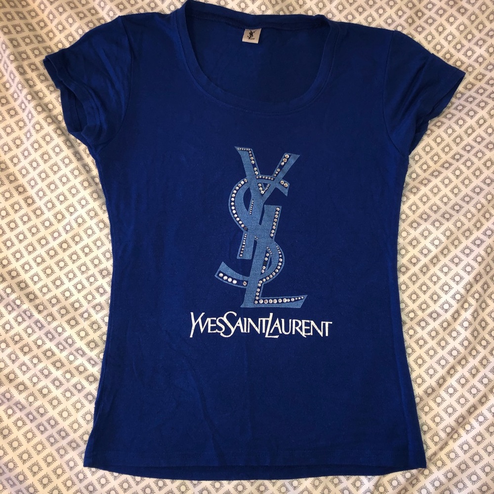 blue bedazzled YSL shirt